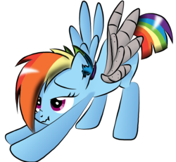 Size: 1500x1382 | Tagged: safe, artist:windwing2, rainbow dash, pegasus, pony, g4, season 5, alternate timeline, amputee, apocalypse dash, augmented, crystal war timeline, cute, dashabetes, female, iwtcird, mare, prosthetic limb, prosthetic wing, prosthetics, scrunchy face, simple background, solo, stretching, torn ear, transparent background