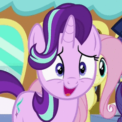 Size: 432x432 | Tagged: safe, screencap, fluttershy, starlight glimmer, pegasus, pony, unicorn, g4, the crystalling, animated, cute, female, glimmerbetes, laughing, mare, no sound, open mouth, solo focus, train, webm