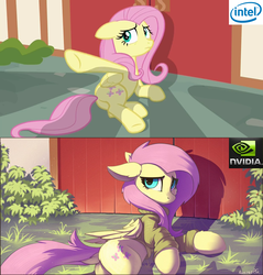 Size: 1235x1292 | Tagged: safe, artist:ramiras, edit, edited screencap, screencap, fluttershy, pegasus, pony, fame and misfortune, g4, bottomless, butt, clothes, comparison, dock, female, floppy ears, fluffy, frown, humor, intel, looking at you, mare, meme, nvidia, on side, partial nudity, pc master race, plot, pointing, scene interpretation, shadows, sweater, sweatershy, underhoof