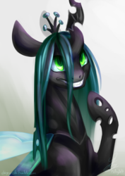 Size: 842x1190 | Tagged: safe, artist:chirpy-chi, queen chrysalis, changeling, changeling queen, g4, crown, cute, cutealis, female, grin, jewelry, regalia, simple background, smiling, solo