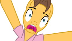 Size: 7483x4320 | Tagged: safe, artist:frownfactory, caramel, earth pony, pony, fame and misfortune, g4, .svg available, absurd resolution, blue eyes, brown hair, brown mane, clothes, dramamel, freakout, male, panic, shirt, simple background, solo, stallion, svg, transparent background, uvula, vector