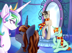 Size: 2700x2000 | Tagged: safe, artist:mailner, princess celestia, alicorn, pony, unicorn, g4, blue eyes, blushing, clothes, crossover, green eyes, harry potter (series), hermione granger, high res, mirror, palace, ron weasley, scarf, smiling