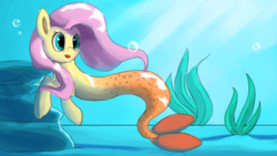 Size: 1024x576 | Tagged: dead source, safe, artist:camyllea, fluttershy, merpony, pony, g4, atg 2017, bubble, female, mare, newbie artist training grounds, simple background, solo, species swap, transparent background, underwater, watershy