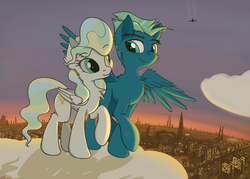 Size: 2800x2000 | Tagged: safe, artist:orang111, sky stinger, vapor trail, pegasus, pony, g4, city, cloud, duo, female, high res, male, mare, romantic, ship:vaporsky, shipping, stallion, straight, sunset
