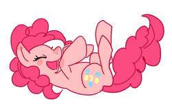 Size: 597x376 | Tagged: safe, artist:kutuyatti, pinkie pie, earth pony, pony, g4, cute, diapinkes, eyes closed, female, on back, open mouth, pixiv, simple background, solo, white background