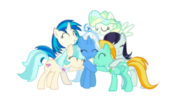 Size: 1980x1120 | Tagged: safe, artist:marian9, coco pommel, coloratura, dj pon-3, lightning dust, trixie, vapor trail, vinyl scratch, earth pony, pegasus, pony, unicorn, g4, ^^, alternate mane six, alternate universe, elements of harmony, eyes closed, female, hug, mare, show accurate, simple background, transparent background, vector