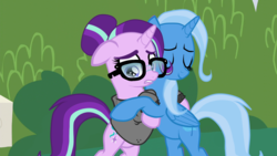 Size: 1280x720 | Tagged: safe, artist:marian9, edit, edited screencap, screencap, starlight glimmer, trixie, alicorn, pony, unicorn, amending fences, g4, alternate hairstyle, alternate universe, clothes, crying, eyes closed, female, glasses, hilarious in hindsight, lesbian, mare, race swap, ship:startrix, shipping, sweater, trixiecorn, vector