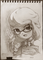 Size: 2680x3744 | Tagged: safe, artist:freeedon, silver spoon, human, g4, book, clothes, female, glasses, high res, humanized, jewelry, monochrome, necklace, solo, traditional art, waving