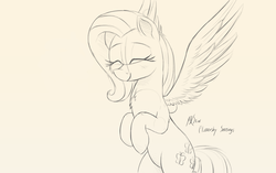 Size: 1024x643 | Tagged: safe, artist:j24262756, edit, fluttershy, pegasus, pony, g4, cute, eyes closed, female, mare, monochrome, shyabetes, simple background, sketch, smiling, solo, traditional art