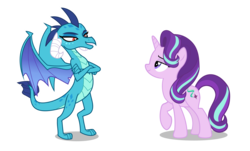 Size: 5919x3586 | Tagged: safe, artist:dnastudiobrony, princess ember, starlight glimmer, dragon, pony, unicorn, g4, crack shipping, emberglimmer, female, lesbian, shipping, simple background, transparent background, vector