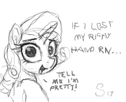 Size: 3504x2827 | Tagged: safe, artist:selenophile, rarity, pony, unicorn, g4, dialogue, female, grayscale, high res, looking at you, monochrome, non-dominant hand drawing, simple background, sketch, smiling, solo, tell me i'm pretty, white background