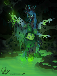 Size: 1200x1587 | Tagged: safe, artist:omny87, queen chrysalis, changeling, changeling queen, anthro, g4, cave, changeling hive, clothes, dress, female, fountain, glowing mane, holey clothes, sash, solo, trypophobia, water, wings