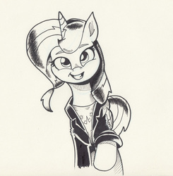 Size: 766x782 | Tagged: safe, artist:saturdaymorningproj, sunset shimmer, pony, unicorn, g4, clothes, female, jacket, looking at you, mare, monochrome, solo, traditional art