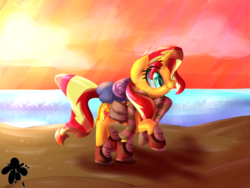 Size: 4000x3000 | Tagged: safe, artist:katakiuchi4u, sunset shimmer, pony, unicorn, g4, beach, boots, clothes, cute, female, high res, mare, ocean, sand, scarf, shimmerbetes, shoes, smiling, solo