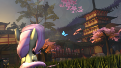 Size: 1920x1080 | Tagged: safe, artist:wiizzie, fluttershy, butterfly, pony, g4, 3d, cherry blossoms, female, japan, pagoda, sitting, solo, source filmmaker, tree