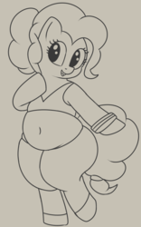 Size: 499x798 | Tagged: safe, artist:andelai, pinkie pie, earth pony, semi-anthro, g4, arm hooves, belly, belly button, bipedal, chubby, fat, female, monochrome, piggy pie, pudgy pie, simple background, solo, workout outfit