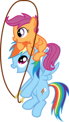 Size: 1627x2868 | Tagged: safe, artist:kehrminator, rainbow dash, scootaloo, pegasus, pony, a friend in deed, g4, duo, duo female, female, filly, jump rope, mare, ponies riding ponies, riding, scootahat, scootaloo riding rainbow dash, scootalove, simple background, transparent background