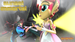 Size: 1920x1080 | Tagged: safe, artist:sandstorm-arts, sunset shimmer, equestria girls, g4, my little pony equestria girls: friendship games, 3d, bare shoulders, crossover, daydream shimmer, guitar, musical instrument, piano, scout (tf2), sleeveless, sniper, sniper (tf2), source filmmaker, strapless, team fortress 2