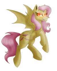 Size: 1024x1280 | Tagged: safe, artist:meownimator, fluttershy, bat pony, pony, g4, female, flutterbat, glowing eyes, mare, race swap, simple background, smiling, solo, transparent background, watermark