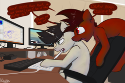 Size: 2769x1852 | Tagged: safe, artist:marsminer, oc, oc only, oc:keith, oc:mars miner, earth pony, pony, unicorn, annoyed, chair, computer, desk, draw my oc, drawing tablet, duo, male, mouth hold, stallion, stylus