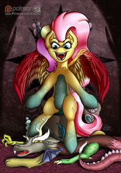Size: 900x1280 | Tagged: safe, artist:calena, discord, fluttershy, monster pony, g4, badass, chaos, chaos magic, corrupted, duo, evil, evil fluttershy, female, flutterbadass, male, misleading thumbnail, monster, multicolored hair, patreon, patreon logo, stomping, throne