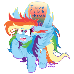Size: 1024x1024 | Tagged: safe, artist:vanillaswirl6, part of a set, rainbow dash, pegasus, pony, g4, big ears, cheek fluff, chest fluff, colored pupils, dialogue, ear fluff, female, fluffy, impossibly large ears, looking up, mare, open mouth, raised hoof, sharp teeth, shoulder fluff, simple background, solo, teeth, transparent background, unshorn fetlocks, yelling