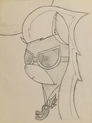 Size: 2448x3264 | Tagged: safe, anonymous artist, oc, oc only, oc:shadow blaze, pony, bust, clothes, costume, ear fluff, goggles, high res, monochrome, pencil drawing, portrait, shadowbolts, shadowbolts costume, sketch, solo, traditional art