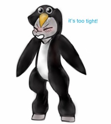 Size: 757x843 | Tagged: safe, oc, oc only, oc:cloud swarmer, pegasus, pony, animal costume, bipedal, bird costume, clothes, costume, dialogue, eyes closed, onesie, penguin costume, simple background, solo, traditional art