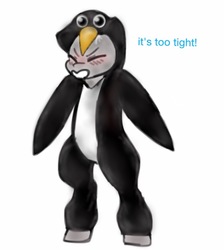 Size: 757x843 | Tagged: safe, oc, oc only, oc:cloud swarmer, pegasus, pony, animal costume, bipedal, bird costume, clothes, costume, dialogue, eyes closed, kigurumi, onesie, penguin costume, simple background, solo, traditional art