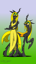 Size: 2100x3734 | Tagged: safe, artist:derpanater, oc, oc only, oc:deciduous, changeling, changeling queen, anthro, unguligrade anthro, changeling oc, changeling queen oc, clothes, dress, female, high res, smiling, yellow changeling