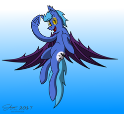 Size: 2600x2392 | Tagged: safe, artist:derpanater, oc, oc only, oc:midnight sentry, bat pony, pony, flying, gradient background, high res, looking at you, smiling, solo, waving