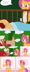 Size: 2400x5600 | Tagged: safe, artist:jake heritagu, scootaloo, oc, oc:lightning blitz, oc:sandy hooves, earth pony, pegasus, pony, comic:ask motherly scootaloo, g4, baby, baby pony, bed, blanket, blushing, book, cast, colt, comic, couch, crib, dialogue, female, hind legs, male, mare, mother and son, motherly scootaloo, offspring, older, older scootaloo, parent:rain catcher, parent:scootaloo, parents:catcherloo, pillow, sling, speech bubble