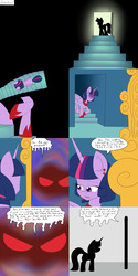 Size: 1600x3200 | Tagged: safe, artist:jake heritagu, twilight sparkle, alicorn, pony, comic:ask motherly scootaloo, g4, comic, mirror, red eyes, silhouette, stairs, twilight sparkle (alicorn)