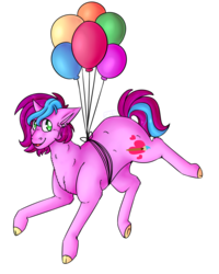 Size: 1200x1500 | Tagged: safe, artist:cinnamonsparx, oc, oc only, oc:artsy fantasy, pony, unicorn, balloon, cloven hooves, female, mare, simple background, solo, transparent background