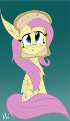 Size: 998x1731 | Tagged: safe, artist:zeezou2, fluttershy, pegasus, pony, g4, blushing, bread, bread head, breading, cute, female, flutterbread, food, looking up, mare, shyabetes, signature, sitting, solo, toast