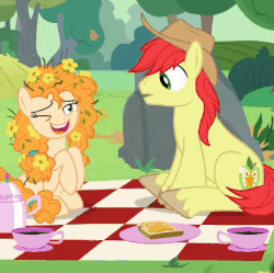 Size: 392x391 | Tagged: safe, screencap, bright mac, pear butter, earth pony, pony, g4, the perfect pear, animated, blushing, cropped, eyes closed, female, flower, flower in hair, gif, happy, imminent kissing, laughing, male, mare, ship:brightbutter, shipping, stallion, straight