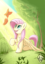 Size: 1240x1748 | Tagged: safe, artist:sea-maas, fluttershy, butterfly, pegasus, pony, g4, crepuscular rays, cute, female, garden, happy, looking at something, looking up, mare, open mouth, open smile, outdoors, raised hoof, scenery, shyabetes, sitting, smiling, solo, spread wings, tree, wings, wings down