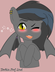 Size: 1545x2000 | Tagged: source needed, useless source url, safe, artist:dookin, oc, oc only, bat pony, pony, bat pony oc, blushing, cute, drunk, ear piercing, earring, jewelry, looking at you, one eye closed, piercing, simple background, solo, tipsy, wink