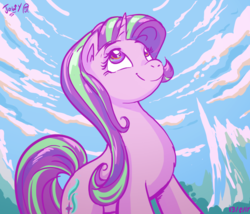 Size: 719x616 | Tagged: safe, artist:jowyb, starlight glimmer, pony, unicorn, g4, cute, female, glimmerbetes, looking up, mare, scenery, signature, smiling, solo