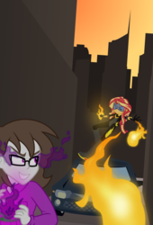 Size: 1024x1509 | Tagged: safe, artist:mlp-trailgrazer, sunset shimmer, oc, oc:malcontent, equestria girls, g4, building, car, clothes, comic, equestrian city, fiery shimmer, fire, glasses, magic