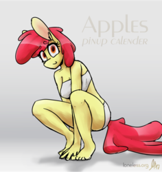 Size: 1024x1084 | Tagged: safe, artist:loneless-art, apple bloom, earth pony, anthro, plantigrade anthro, g4, bandeau, bra, clothes, female, older, panties, pinup, solo, underwear, white underwear