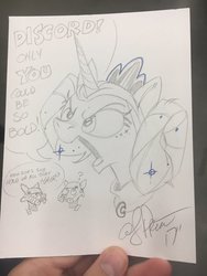 Size: 1536x2048 | Tagged: safe, artist:andypriceart, discord, princess luna, g4, andy you magnificent bastard, clothes, commission, cosplay, costume, crossover, dialogue, hair bun, princess leia, speech bubble, star wars, stormtrooper, traditional art