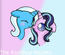 Size: 1075x899 | Tagged: safe, artist:therainbowmaiden, starlight glimmer, trixie, pony, unicorn, g4, :t, blushing, boop, bust, cute, diatrixes, eyes closed, female, floppy ears, glimmerbetes, horn, horns are touching, lesbian, noseboop, portrait, ship:startrix, shipping