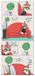 Size: 962x2076 | Tagged: safe, artist:shoutingisfun, moondancer, oc, oc:anon, human, g4, anon's couch, clothes, comic, couch, cute, dancerbetes, debate in the comments, dialogue, female, food, friday night, grumpy, human male, implied twilight sparkle, looking at each other, looking down, male, pineapple pizza, pizza, sad, sitting, slice of life, speech bubble