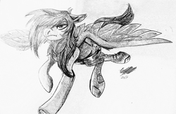 Size: 3322x2172 | Tagged: safe, artist:brainiac, oc, oc only, oc:liftan drift, cyborg, pegasus, pony, fallout equestria, female, high res, mare, prosthetics, robot legs, solo, traditional art