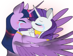 Size: 1153x874 | Tagged: dead source, safe, artist:selective-yellow, rarity, twilight sparkle, alicorn, pony, unicorn, fanfic:the enchanted library, g4, blushing, cloven hooves, duo, eyes closed, female, kiss on the lips, kissing, lesbian, mare, ship:rarilight, shipping, simple background, transparent background, twilight sparkle (alicorn), unshorn fetlocks