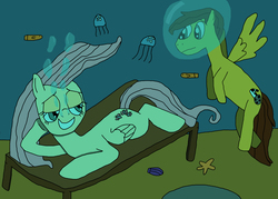 Size: 3498x2502 | Tagged: safe, artist:sb1991, fluttershy, oc, oc:film reel, fish, jellyfish, pegasus, pony, starfish, g4, bedroom eyes, bubble, female, high res, lidded eyes, mare, ocean, rock, seabed, seduce, seduction, seductive, shell, spread wings, story included, table, underwater, watershy, wingboner, wings