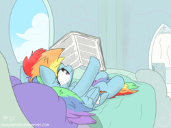 Size: 1280x960 | Tagged: safe, artist:halflingpony, rainbow dash, pony, g4, bathroom, bedroom, book, cloud, cloud bed, female, lying, messy mane, messy tail, morning, morning ponies, newbie artist training grounds, on back, reading, solo