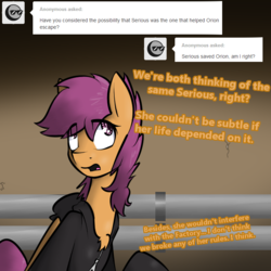 Size: 750x750 | Tagged: safe, artist:conmanwolf, scootaloo, pegasus, pony, ask factory scootaloo, fanfic:rainbow factory, g4, clothes, comic, factory scootaloo, pipe (plumbing)