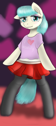 Size: 3856x8700 | Tagged: safe, artist:lakunae, coco pommel, earth pony, semi-anthro, g4, belly button, clothes, cute, eyelashes, eyeshadow, female, looking at you, makeup, mare, pantyhose, skirt, smiling, solo, stockings